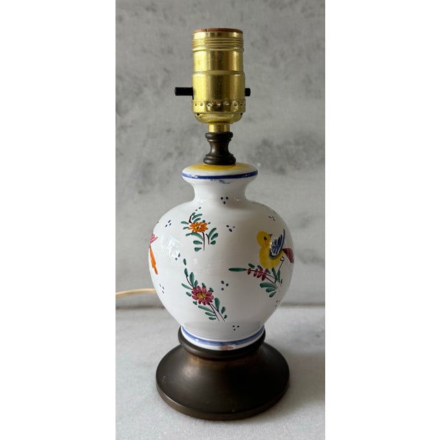 Vintage Faience Small Table Lamp With Hand Painted Birds For Sale - Image 4 of 11