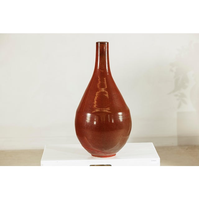 Large Artisan Ceramic Vase in Rich Brown Glaze with Teardrop Silhouette For Sale - Image 10 of 18