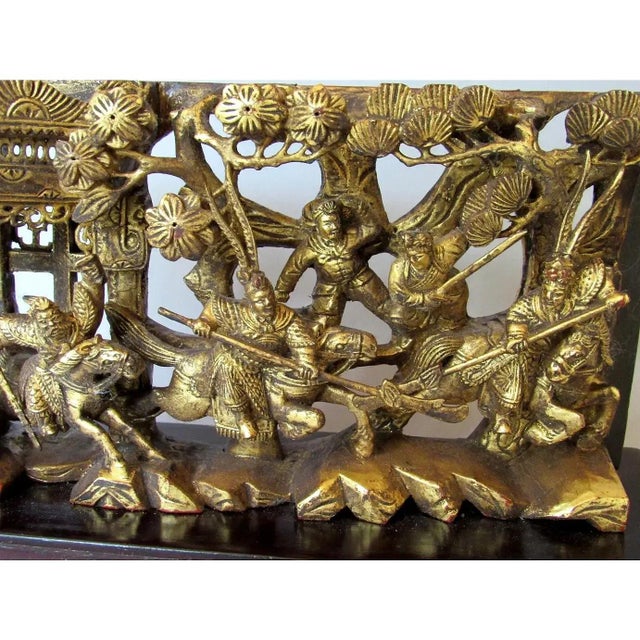 Chinoiserie Antique Chinese Qing Dynasty Giltwood Carved Warrior Battle Scene on Stand For Sale - Image 3 of 8