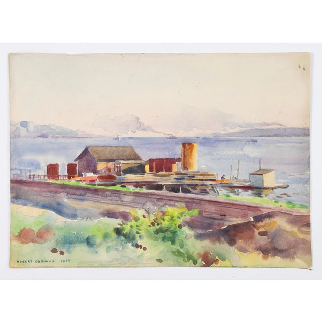 1910s Antique 1914 Egbert Cadmus Boathouses Along Hudson River Watercolor Painting For Sale - Image 5 of 9