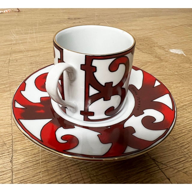 4 Sets of Authentic Hermes Paris Porcelain Demitasse/Espresso Cup & Saucer “BALCON DU GUADALQUIVIR”. Cup measurements: 6...