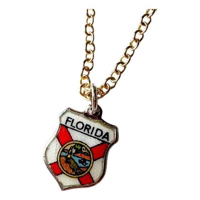 Florida Vintage Fritz Reu Sterling Silver Enamel Charm on New 18 Inch Gold Filled Necklace For Sale