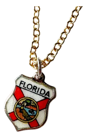 Florida Vintage Fritz Reu Sterling Silver Enamel Charm on New 18 Inch Gold Filled Necklace