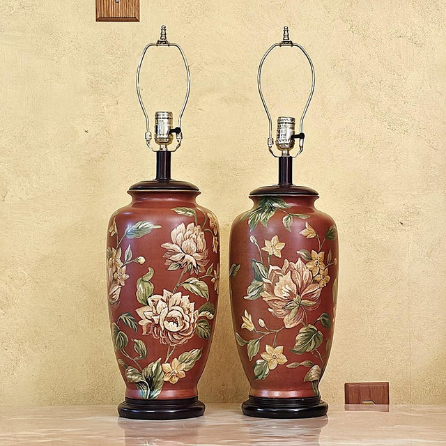 Ceramic Vintage Burgundy Floral Chinoiserie Ceramic Ginger Jar Table Lamps With Shades - Pair For Sale - Image 7 of 18