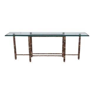 1970s McGuire Bamboo & Beveled Glass Console Table For Sale
