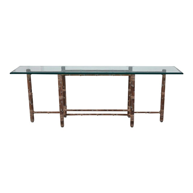 1970s McGuire Bamboo & Beveled Glass Console Table For Sale