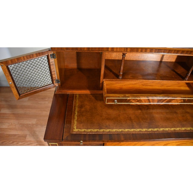 1930s Wieman Hepplewhite Style Leather Top Mahogany Inlaid Writing Desk With Bookcase For Sale - Image 12 of 18