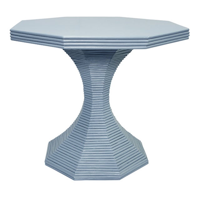 Matthew Izzo Home Octavia 36" Octagonal Light Blue Painted Rattan Pedestal Table For Sale - Image 11 of 11