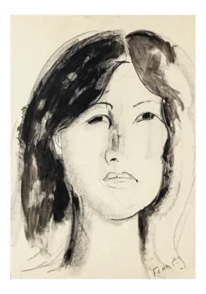 Portrait of Woman - Original Charcoal and Watercolor Drawing by F. Chapuis-1970s 1970s