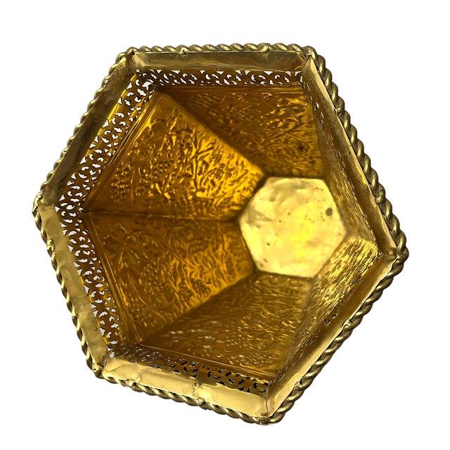 Maison Jansen Vintage Lacquered Brass Hexagonal Embossed Wastebasket With Gallery Rim and Rope Detail For Sale - Image 4 of 7
