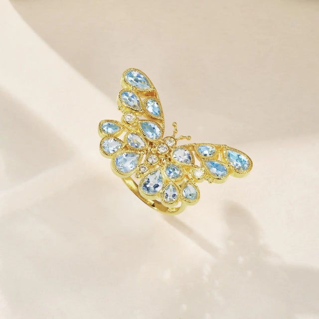 Metal Nina Zhou Butterfly Aquamarine Diamond Cocktail Ring in 14k Yellow Gold, size 9.5 For Sale - Image 7 of 11