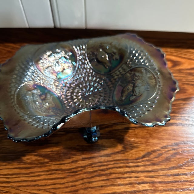 Fenton Art Glass Company 1940s Fenton Horse Medallion Purple/Blue Carnival Glass Small Candy Dish/Bowl For Sale - Image 4 of 11