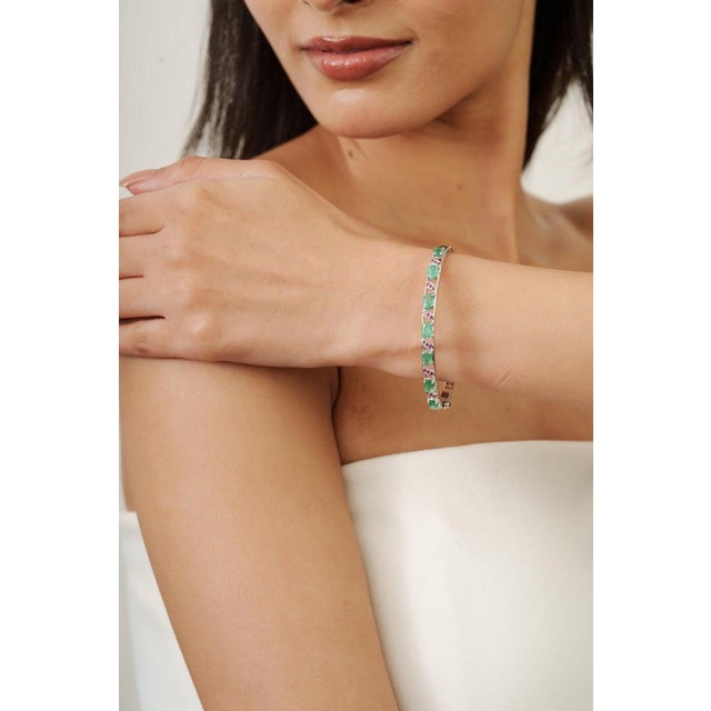 Vintage 925 Sterling Silver Emerald & Ruby Gemstone Bangle Bracelet For Sale - Image 4 of 9