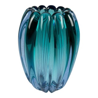 Alfredo Barbini Murano Sommerso Blue Green Ribbed Art Glass Vase For Sale