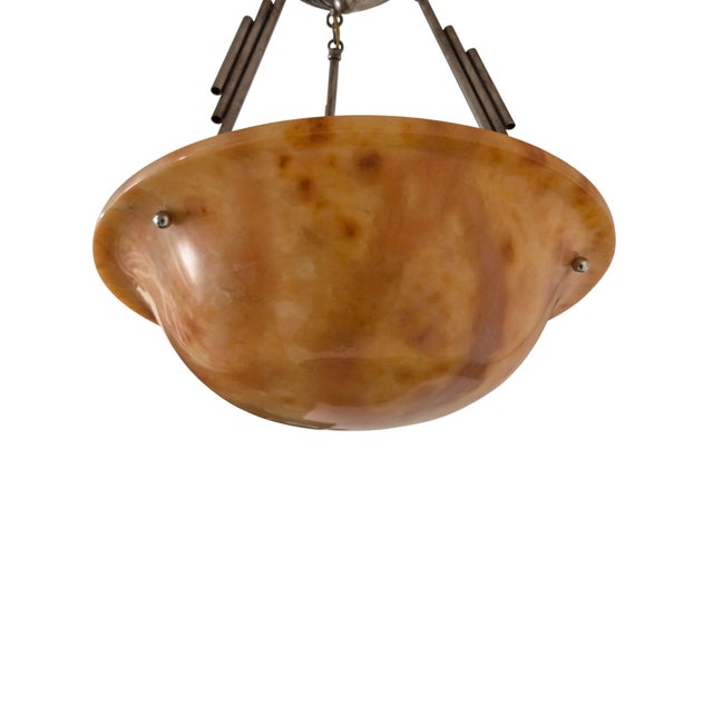 Early 20th Century Early 20th Century Honey Amber Hand Carved Original Alabaster Bowl W/ Stepped Nickeled Bronze Stem For Sale - Image 5 of 17