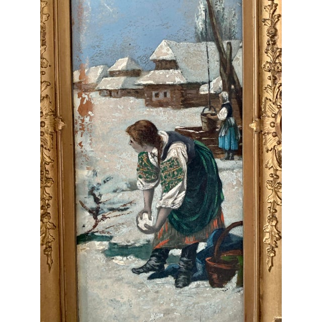 Victorian Antique 19th Century Russian Framed Oil on Board Paintings of a Snowball Fight, Pair For Sale - Image 3 of 13