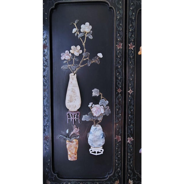 1900s Chinese Six-Panel Carved Hardstone Lacquered Coromandel Screen For Sale - Image 9 of 18