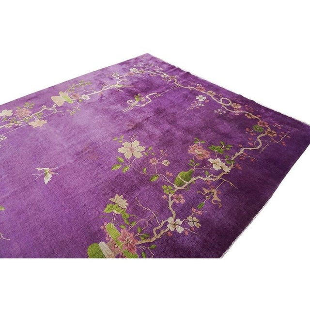 Purple 1920s Antique Purple Vase Bird Chinese Handknotted Art Deco Wool Room Size Rug For Sale - Image 8 of 9