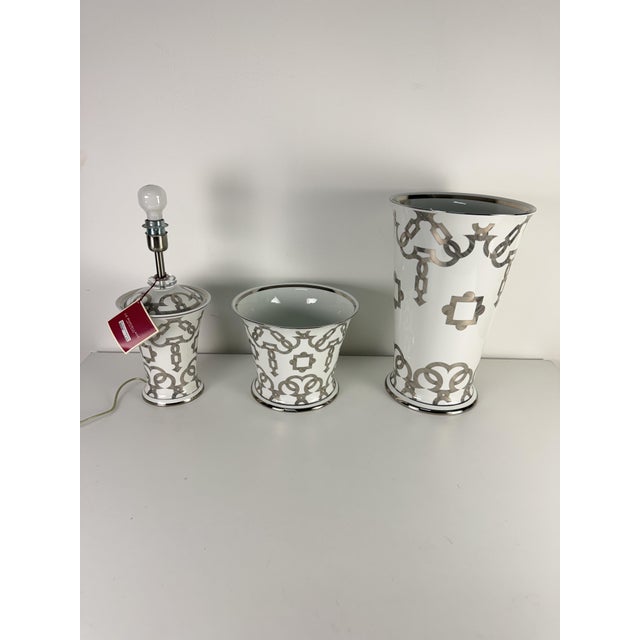 Set of 3 white porcelain objects with platinum finishes by "Le Porcellane", 1990s This piece is from the "Tarsia" line and...