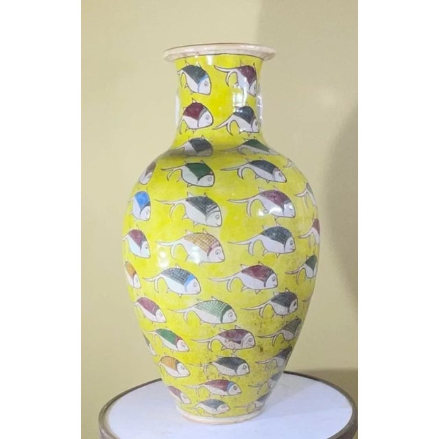 Yellow Large Persian Vintage Hand Painted Ceramic Fish Vase For Sale - Image 8 of 13
