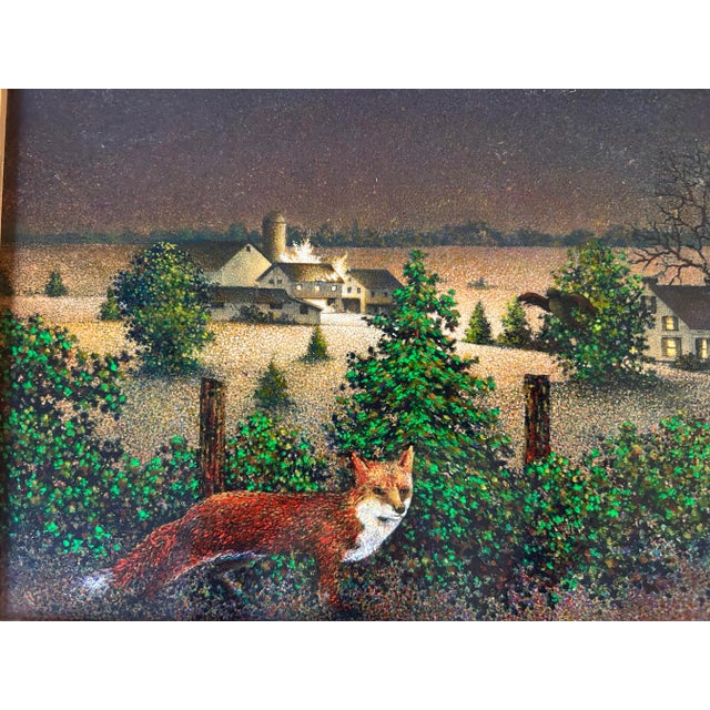 1980s Vintage Original Oil Painting on Wood Panel of a Fox in Farm Landscape For Sale - Image 5 of 7