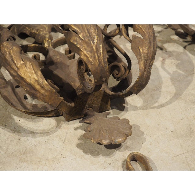 Set of Four Vintage French 3-Arm Iron and Tole Sconces, Distressed Gilt Finish For Sale - Image 4 of 18