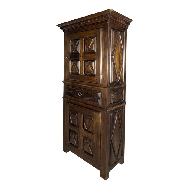 Vintage Spanish Renaissance Style Walnut Cabinet with Geometric Carve, 1920 For Sale