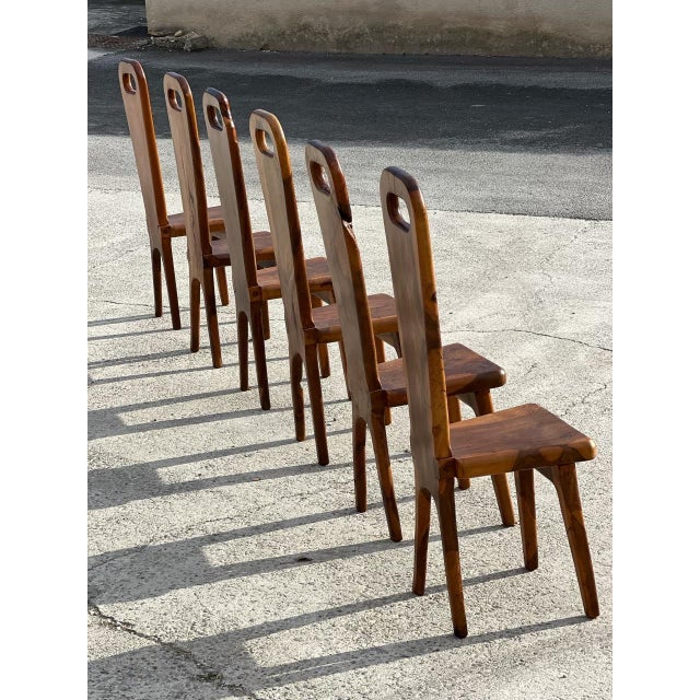 Mid-Century Modern French Sculptural Olive Wood High-Back Chairs in the style of Alexandre Noll, 1960s, Set of 6 For Sale - Image 3 of 15