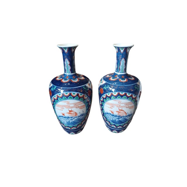 Asian Vintage Pair of Ceramic Asian Koi Vases For Sale - Image 3 of 7