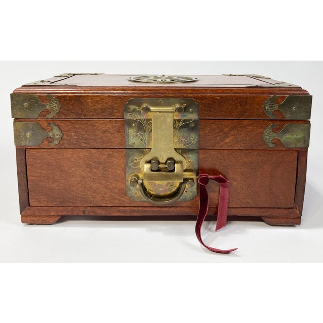 Vintage Asian Wood and Brass Jewelry Box With Bar Lock For Sale - Image 4 of 11