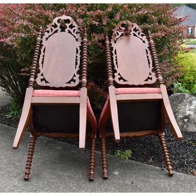 Antique Walnut Boudoir Chairs Victorian Side Spindle Carved Pair 1880s Coral For Sale - Image 10 of 12