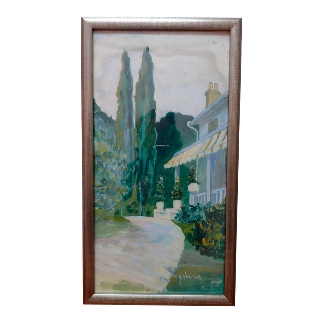 Vintage Impressionist House and Trees Green Painting, Framed For Sale