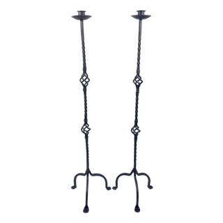 Hand Forged Iron Candelabra Pair (115cm) Antique Copper Expanded Open-Twist Stem For Sale