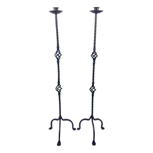 Hand Forged Iron Candelabra Pair (115cm) Antique Copper Expanded Open-Twist Stem For Sale