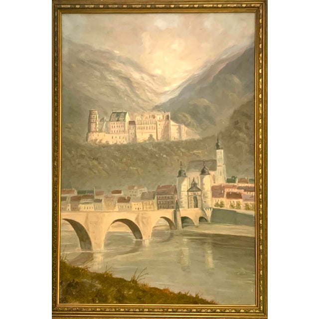 Late 20th Century Painting Heidelberg Castle in Germany Large Oil on Canvas Original Vintage Art For Sale - Image 4 of 7