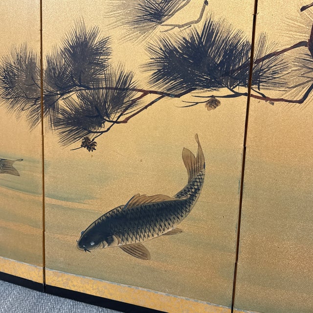 Hand Painted Asian Koi Fish Folding Screen For Sale - Image 11 of 12