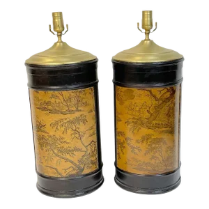 1960s French Neoclassical Toile Decoupage & Wood Column Lamps - A Pair