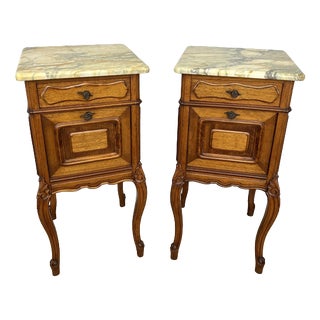 French Bedside Tables in Walnut with Marble Top, Set of 2 For Sale