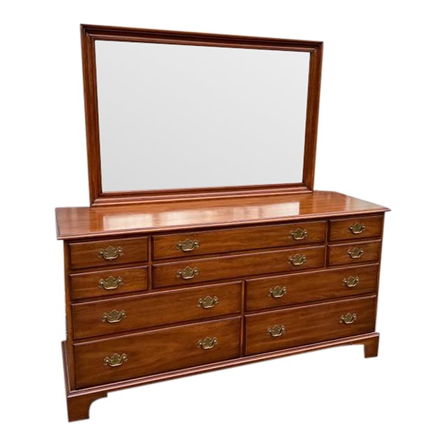 Late 20th Century Henkel Harris Chippendale Style Solid Cherry Dresser With Mirror For Sale