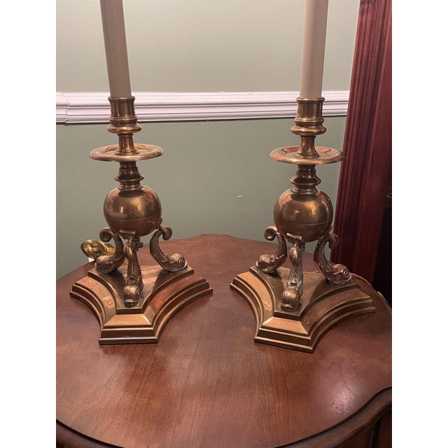 Black Pair Vintage 1987 Chapman Brass Dolphin Buffet Lamps Black Gold Foil Shades 37" For Sale - Image 8 of 13