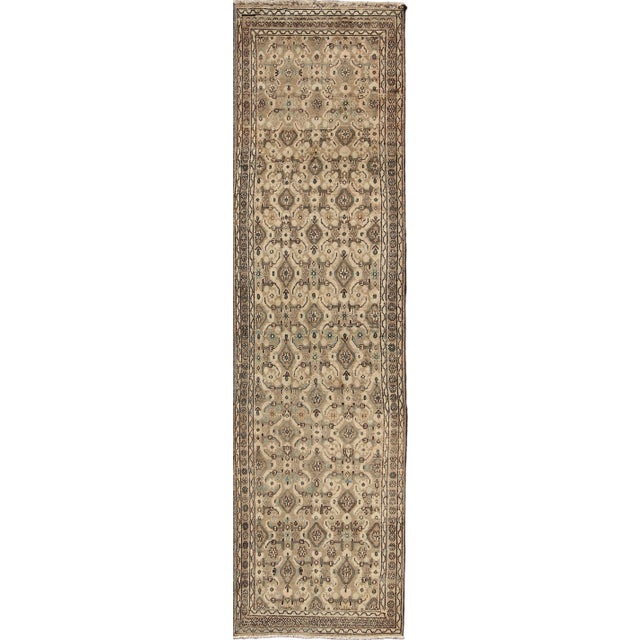 Vintage Hamadan Runner in Neutral Warm Tones of Taupe, Brown, L. Brown For Sale