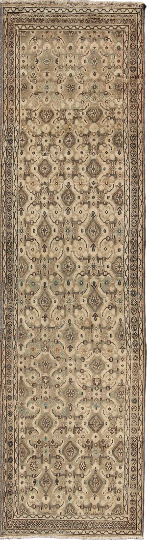 Vintage Hamadan Runner in Neutral Warm Tones of Taupe, Brown, L. Brown