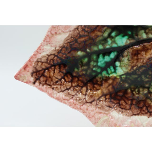 Circa 1880 English majolica begonia leaf serving tray. Vine handle. pink border to natural browl & green center. Retains...