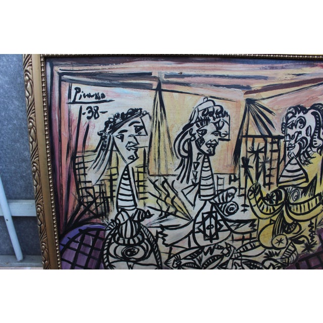 Signed Mid-Century Modern Picasso style painting. Abstract image of three women, possibly one holding a flower. Colorful...