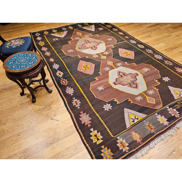 Vintage Turkish Kilim Rug, Handwoven Wool, Chocolate Brown, Pale Green, 7' x 11' For Sale - Image 14 of 15