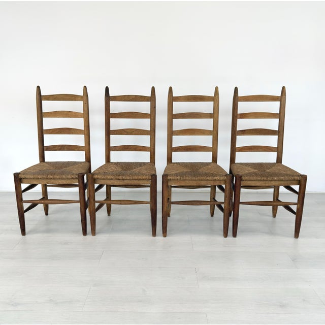 Dimensions: H 41.7” x W 18.5” x D 18.5” x SH 19” Set of 4 Vintage French Farmhouse dining chairs with original rush woven...