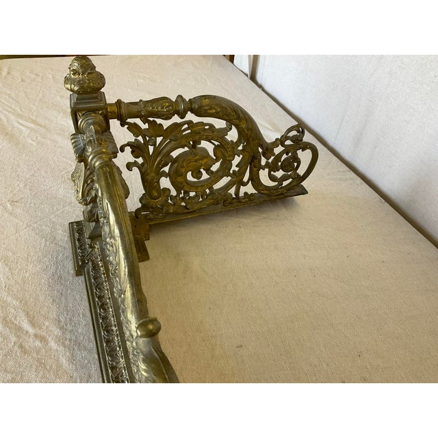 Fine Antique Lions Head Brass Fireplace Fender With Acorn Finials For Sale - Image 9 of 14
