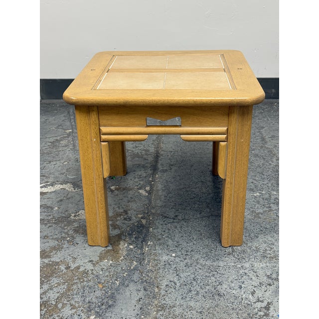 Design Plus Gallery presents a Southwestern Tile Inlay Wood End Table. The square wood frame has softly rounded corners...