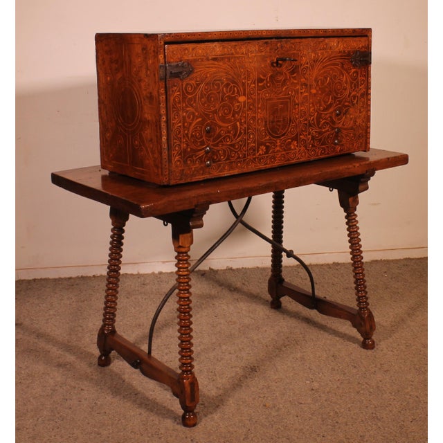 Wood 16th Century Renaissance Bargueno in Walnut and Fruitwood Marquetry For Sale - Image 7 of 15