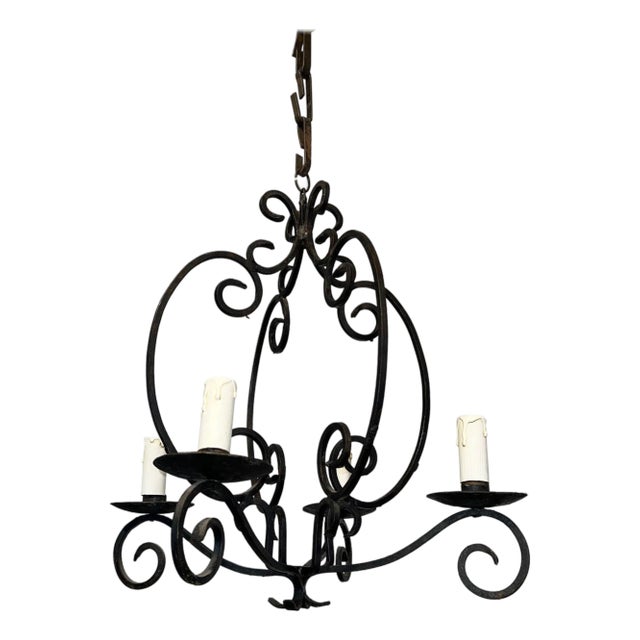 Wrought Iron Chandelier With 4 Lights. French Work. Circa 1950 For Sale
